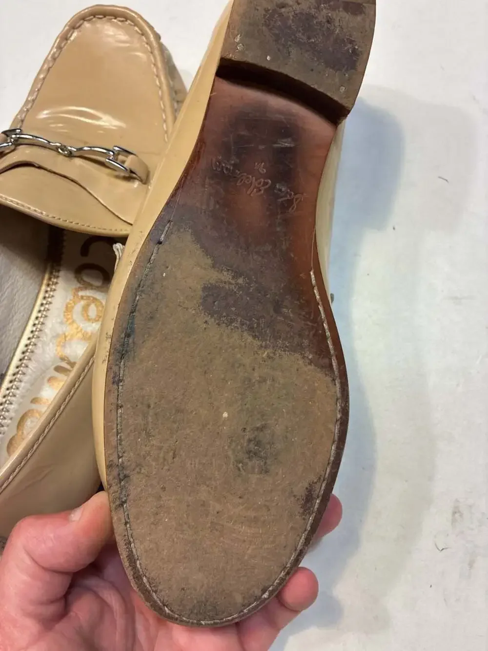 Sam Edelman Beige Patent Leather Horsebit Loafers